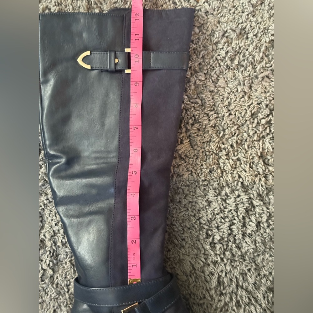 JustFab Hollie Navy Blue Knee-High Flat Boots Faux Suede Gold Buckle Women’s - Picture 6 of 10